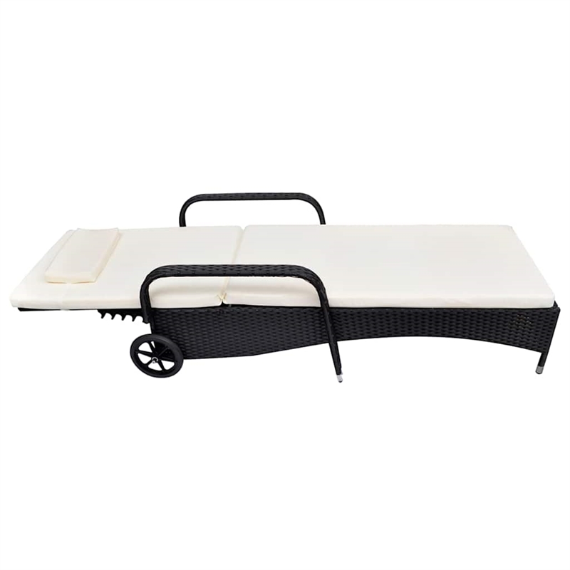 Pemberly Row Poly Rattan Sun Bed with Cushion and Wheels in Black and Cream