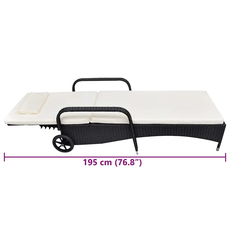 Pemberly Row Poly Rattan Sun Bed with Cushion and Wheels in Black and Cream