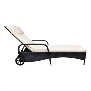 Pemberly Row Poly Rattan Sun Bed with Cushion and Wheels in Black and Cream