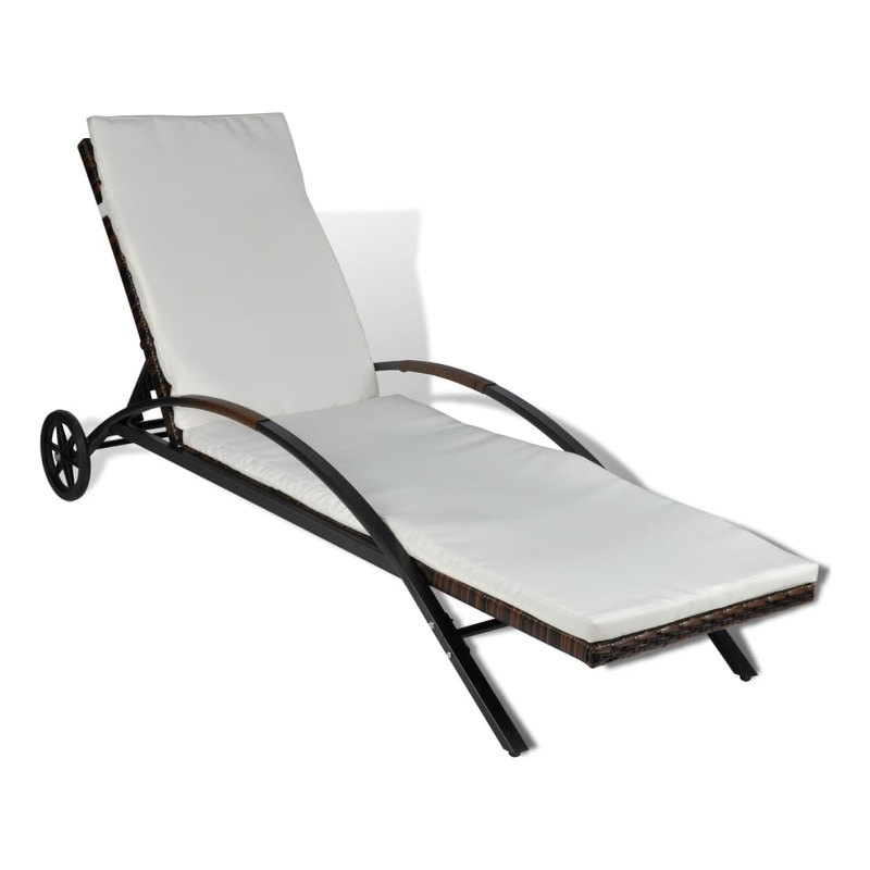 Pemberly Row PE Rattan Height-Adjustable Sun Lounger with Cushion in Brown