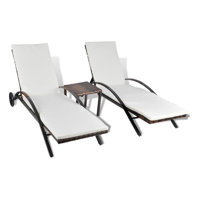 Pemberly Row PE Rattan Sun Lounger Set of 2 Height-Adjustable in Brown
