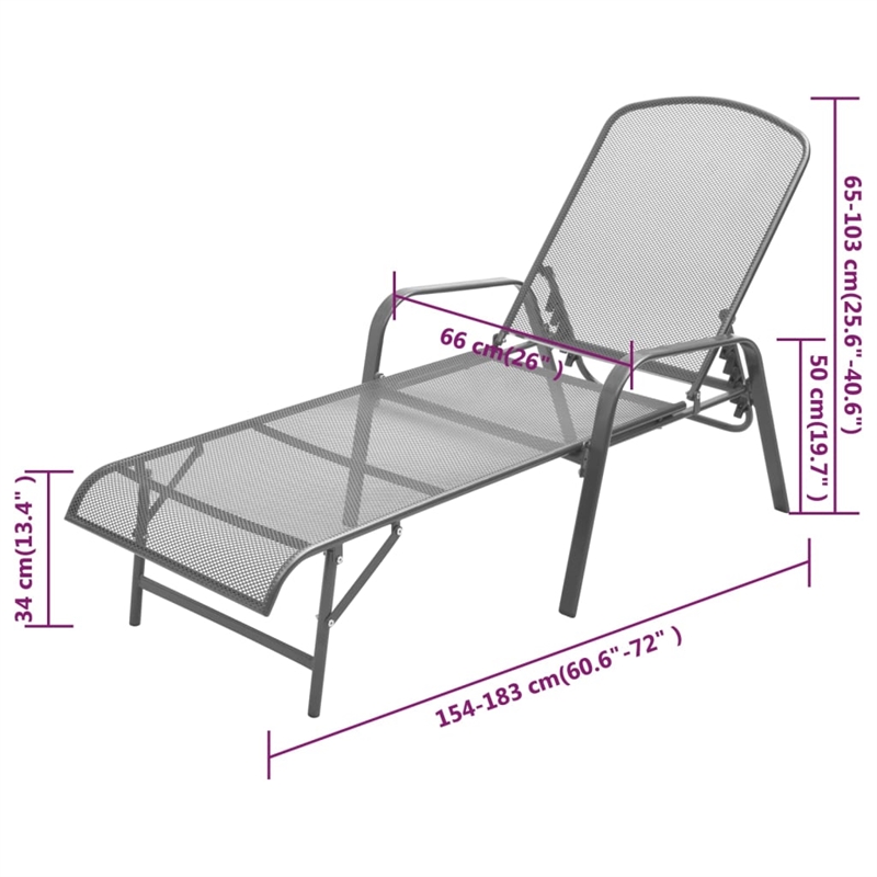 Pemberly Row Powder-Coated Steel 5-Position Sun Lounger in Anthracite