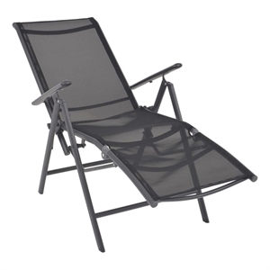 Pemberly Row Aluminum 7-Position Folding Deck Chair with Armrests in Black