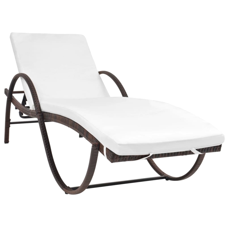 Pemberly Row PE Rattan Outdoor Sun Lounger with Cushion in Brown and Cream