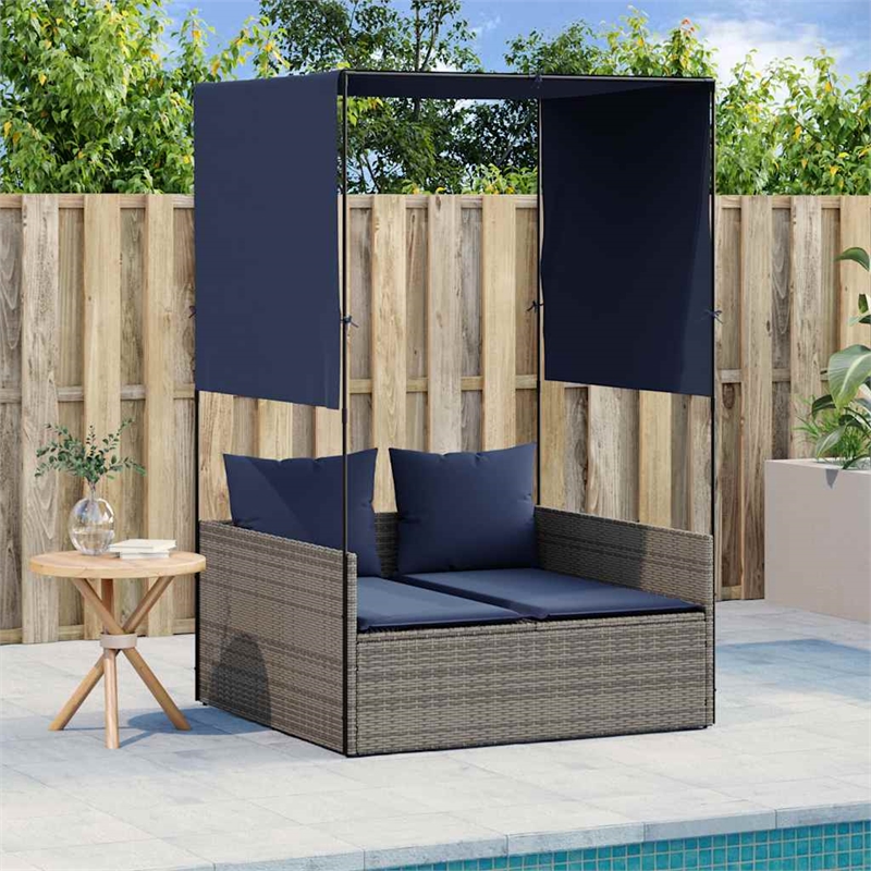 Pemberly Row Rattan Double Sun Lounger with Curtains in Gray and Navy Blue