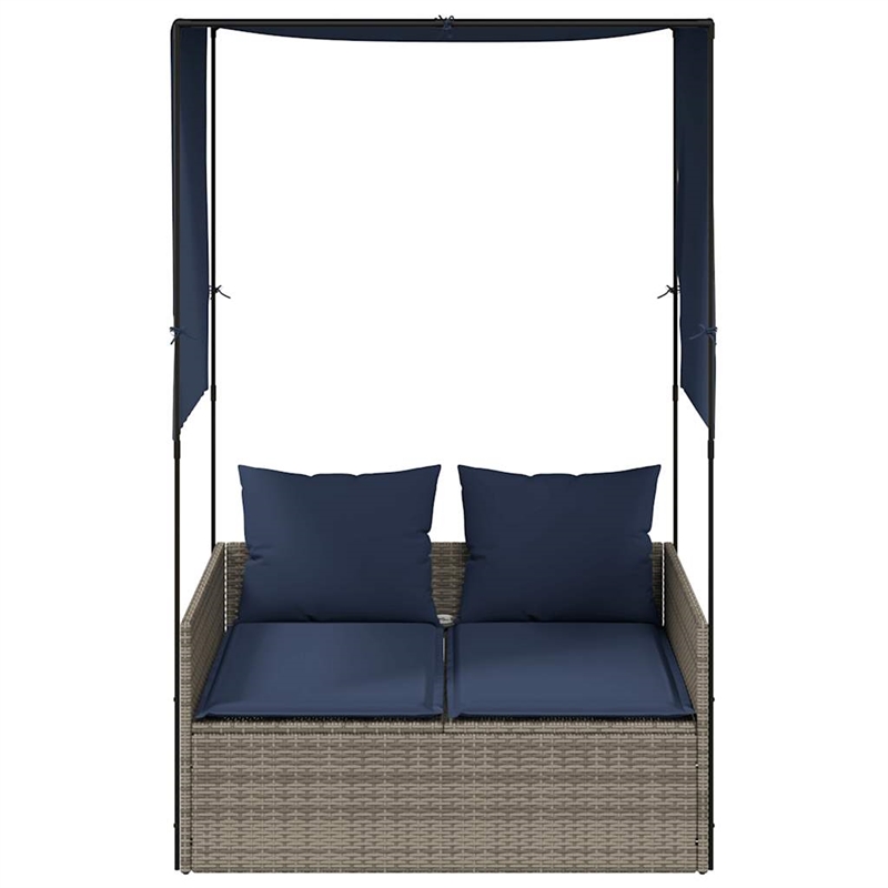 Pemberly Row Rattan Double Sun Lounger with Curtains in Gray and Navy Blue