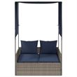 Pemberly Row Rattan Double Sun Lounger with Curtains in Gray and Navy Blue