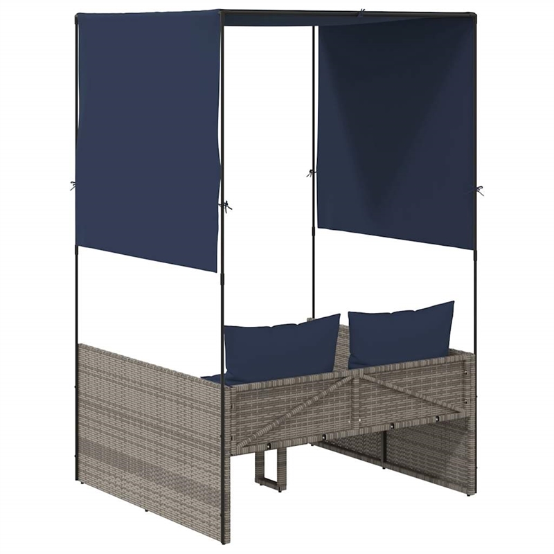 Pemberly Row Rattan Double Sun Lounger with Curtains in Gray and Navy Blue