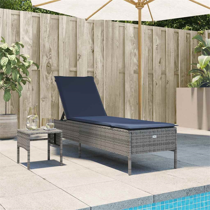 Pemberly Row PE Rattan Patio Sun Lounger with Side Table in Gray