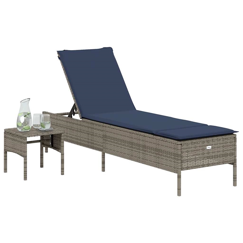 Pemberly Row PE Rattan Patio Sun Lounger with Side Table in Gray