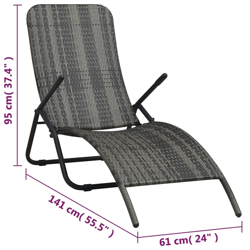 Pemberly Row PE Rattan Foldable Sun Lounger with Steel Frame in Gray