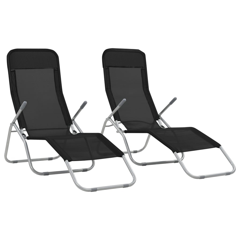 Pemberly Row Textilene and Steel Folding Sun Lounger Set of 2 in Black
