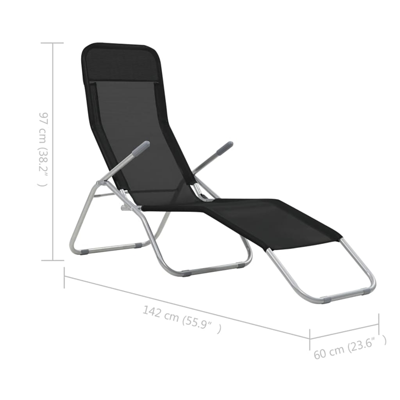 Pemberly Row Textilene and Steel Folding Sun Lounger Set of 2 in Black
