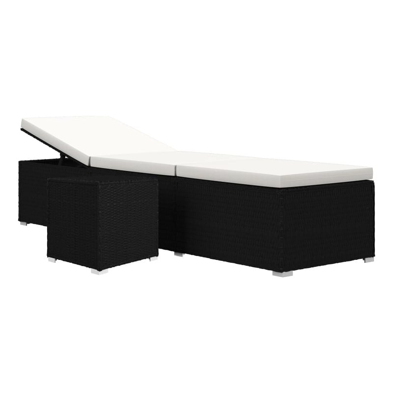 Pemberly Row PE Rattan Sun Lounger with Tea Table in Black and Cream White