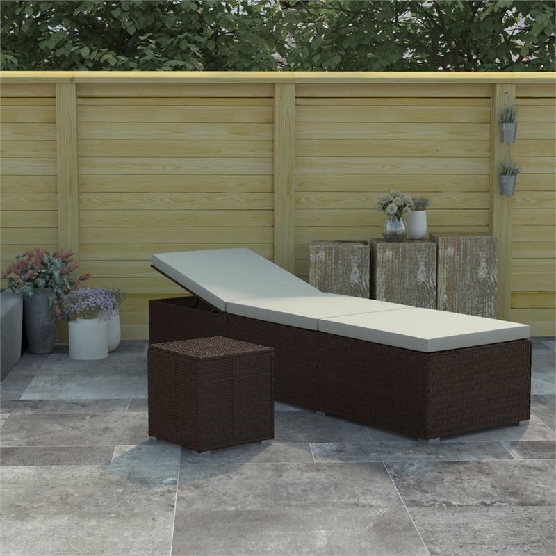 Pemberly Row Rattan Sun Lounger with Cushion and Table in Brown and Cream