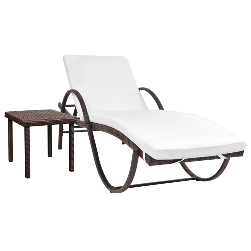 pemberly row pe rattan sun lounger with cushion and tea table in brown