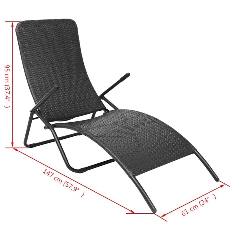Pemberly Row PE Rattan Folding Sun Lounger with Steel Frame in Black