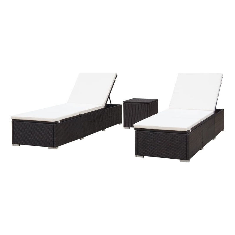 Pemberly Row PE Rattan Patio Sun Lounger Set of 2 with Table in Brown