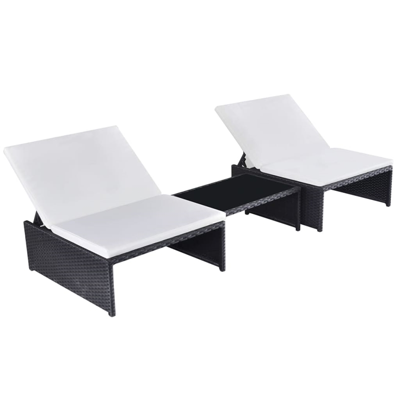 Pemberly Row PE Rattan Reclining Chair Set with Table in Black and White