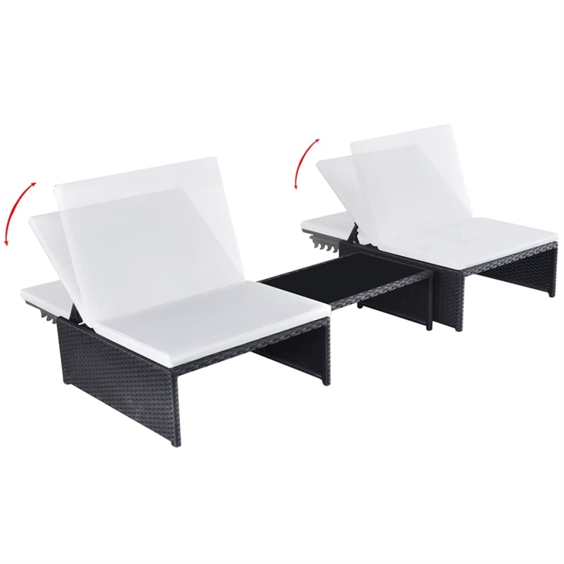 Pemberly Row PE Rattan Reclining Chair Set with Table in Black and White
