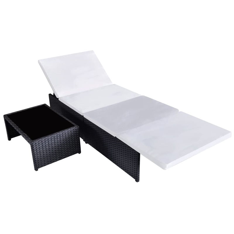 Pemberly Row PE Rattan Reclining Chair Set with Table in Black and White