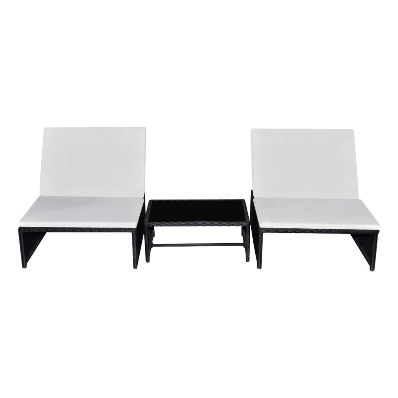 Pemberly Row PE Rattan Reclining Chair Set with Table in Black and White