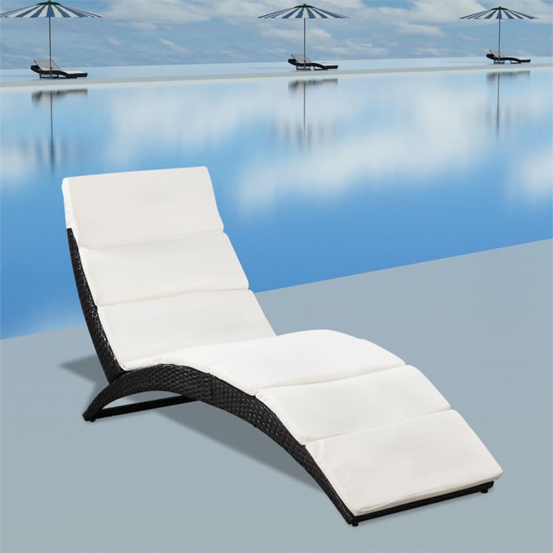 Pemberly Row PE Rattan Folding Sun Lounger with Cushion in Black and White