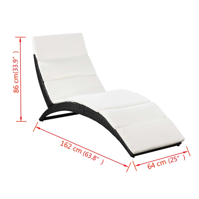 Pemberly Row PE Rattan Folding Sun Lounger with Cushion in Black and White