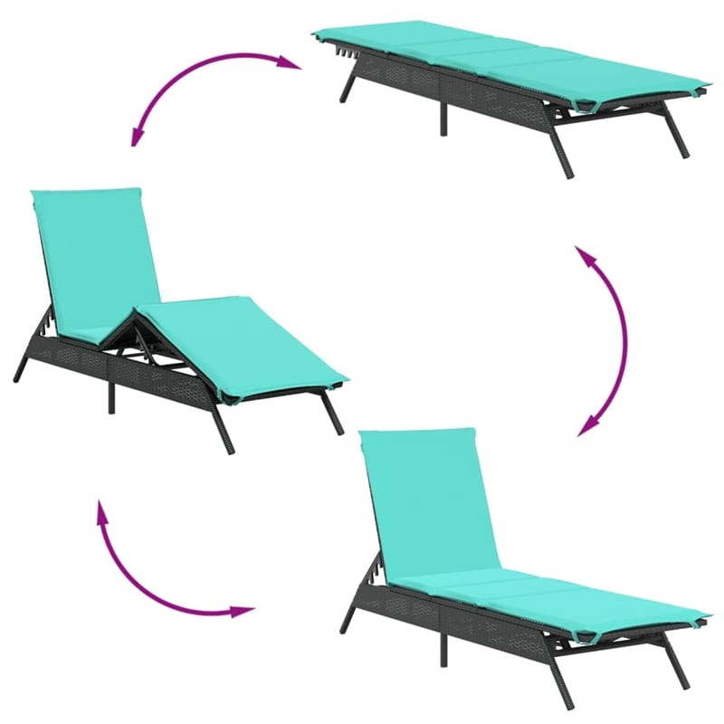 Pemberly Row PE Rattan Sun Lounger Set with Side Table in Black and Blue