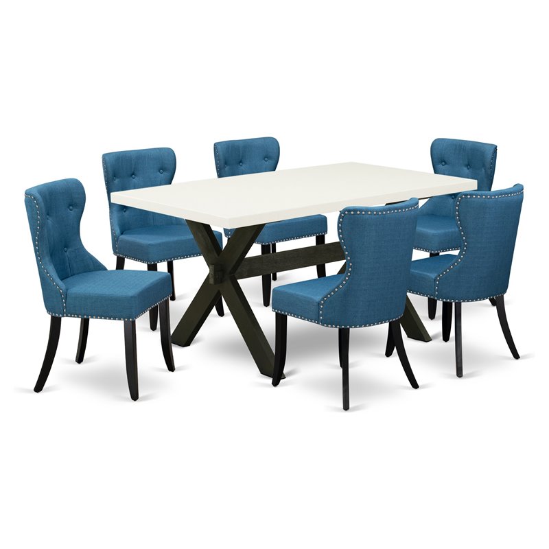 Pemberly Row 7-Piece Dining Room Set in White and Black with Linen Seats