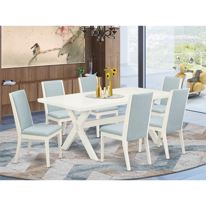 Pemberly Row 7-Piece Wood Dining Set in Wire Brushed Linen White/Blue