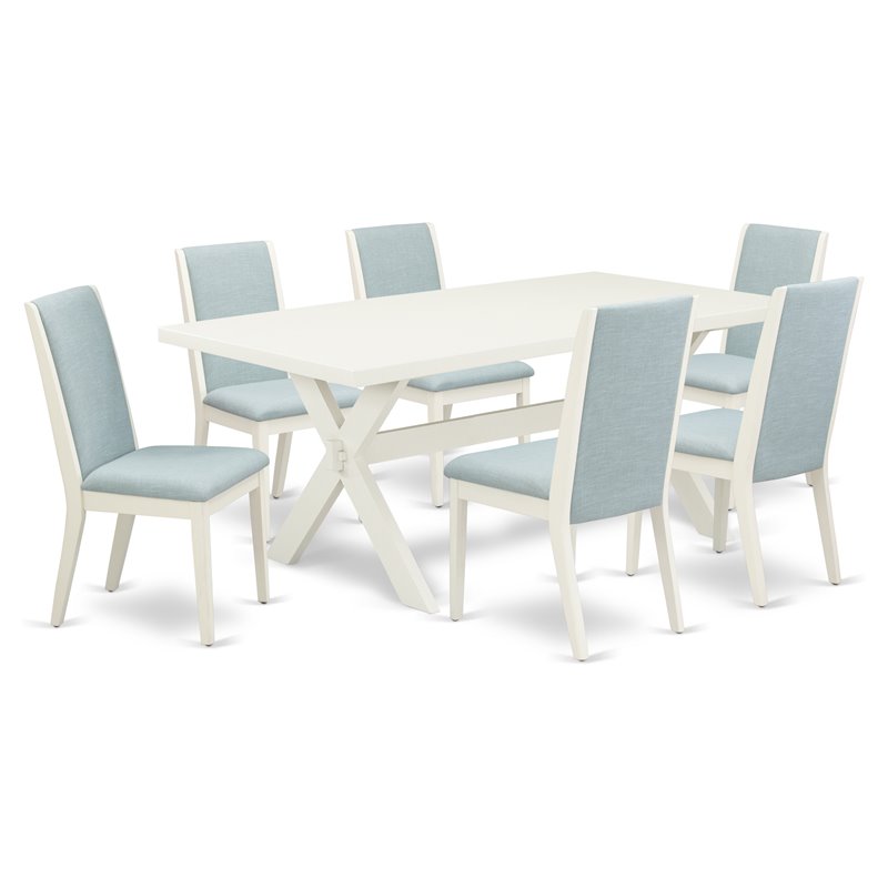 Pemberly Row 7-Piece Wood Dining Set in Wire Brushed Linen White/Blue