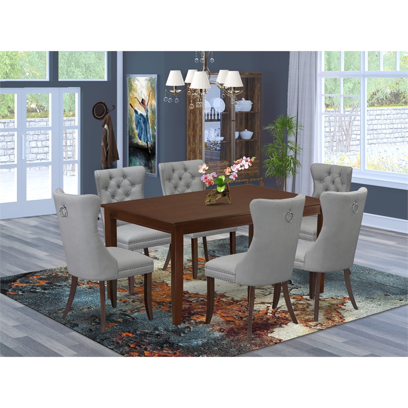Pemberly Row 7-Piece Wood Dining Table Set in Mahogany and Light Gray
