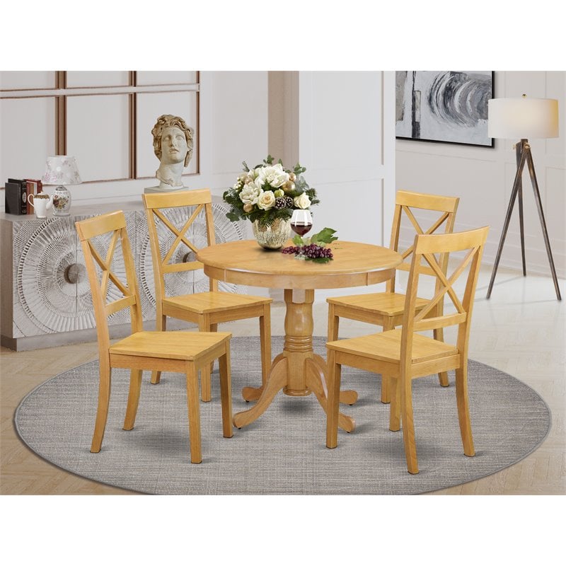 Pemberly Row 5-Piece Antique Dining Set with Round Oak Wood Table