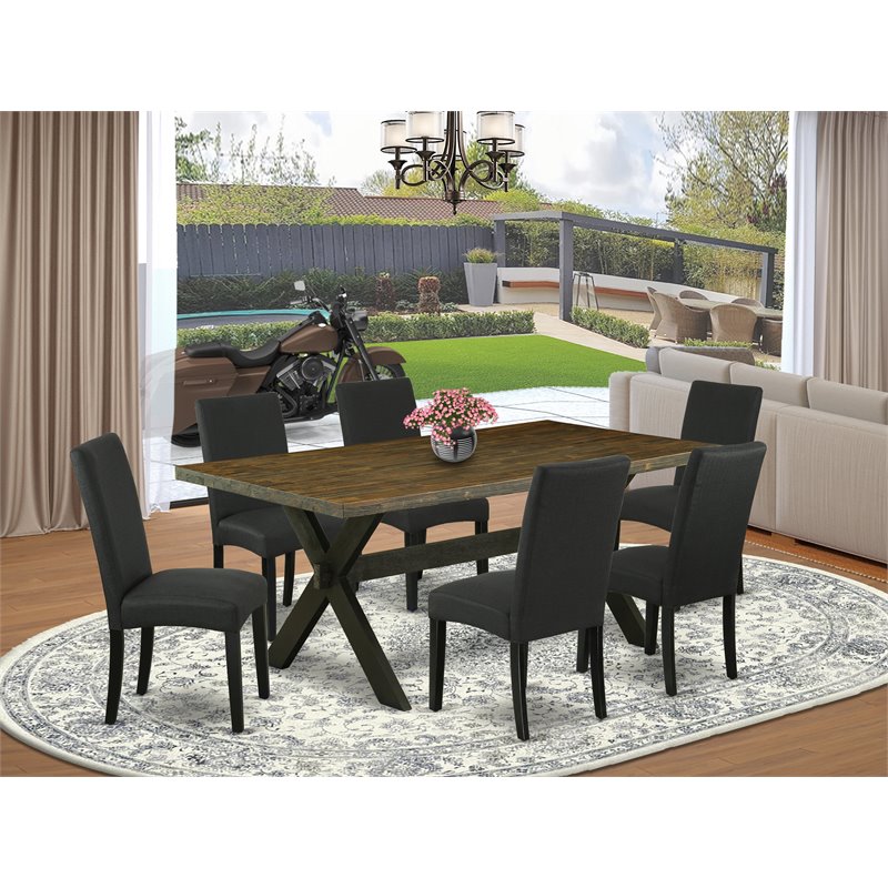 Pemberly Row 7-Piece Wood Dining Set with Linen Fabric Chairs in Black