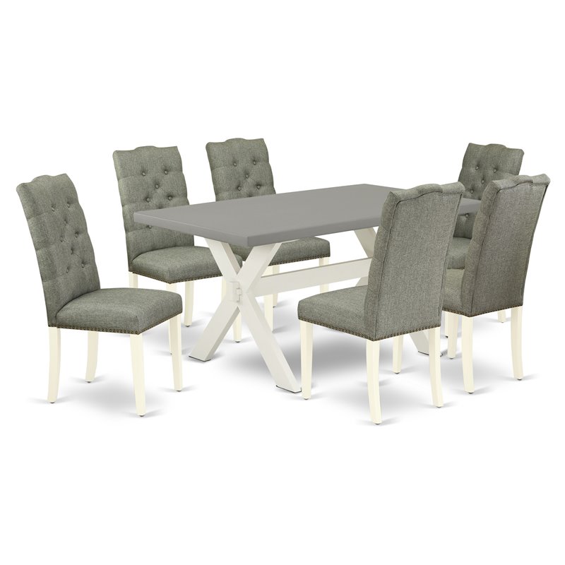 Pemberly Row X-Style 7-Piece Dining Set with Linen Chairs in Cement