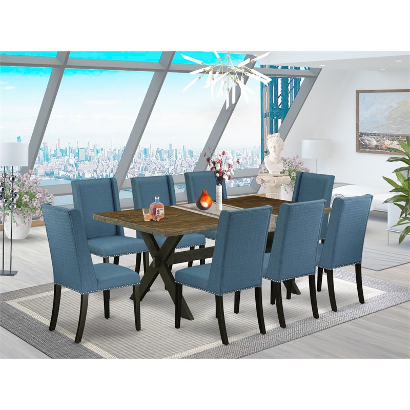 Pemberly Row X-Style 9-Piece Wood Dining Set in Black and Mineral Blue