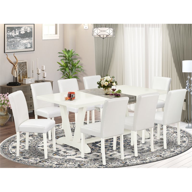 Pemberly Row V-Style 9-Piece Dining Set with Leather Seats in Linen White
