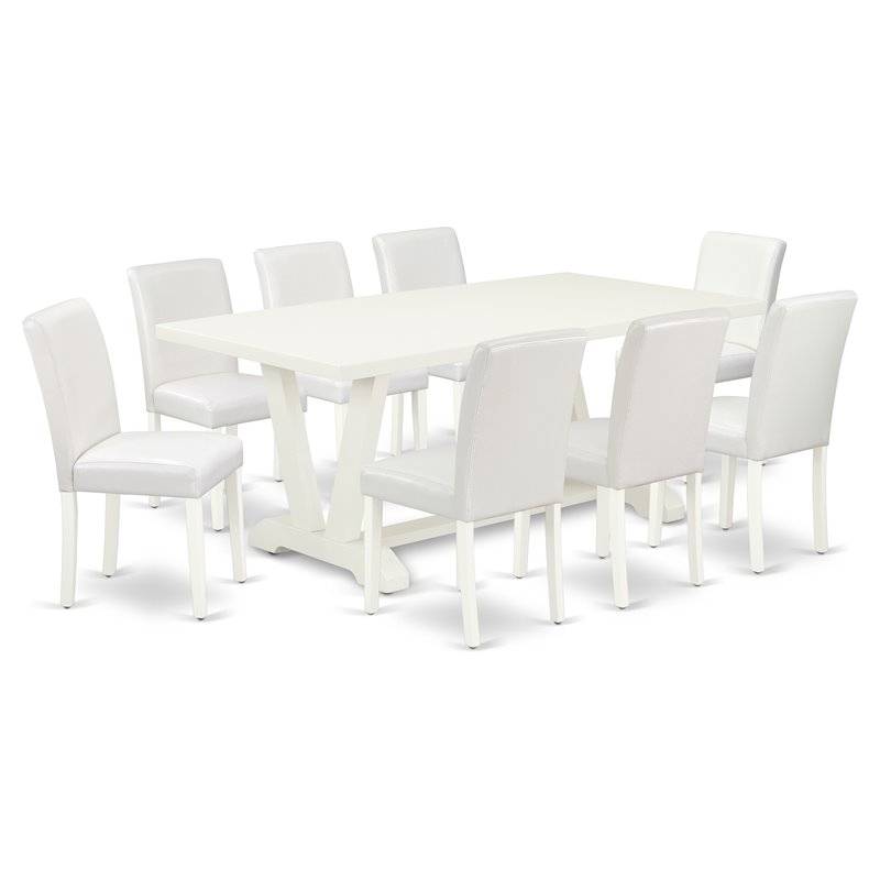 Pemberly Row V-Style 9-Piece Dining Set with Leather Seats in Linen White