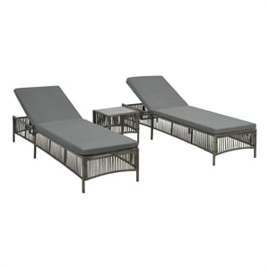 Pemberly Row PE Rattan and Steel Sun Lounger Set of 2 with Table in Gray