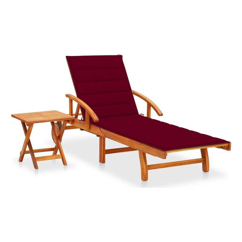 Pemberly Row Acacia Wood Foldable Sun Lounger with Cushion in Wine Red