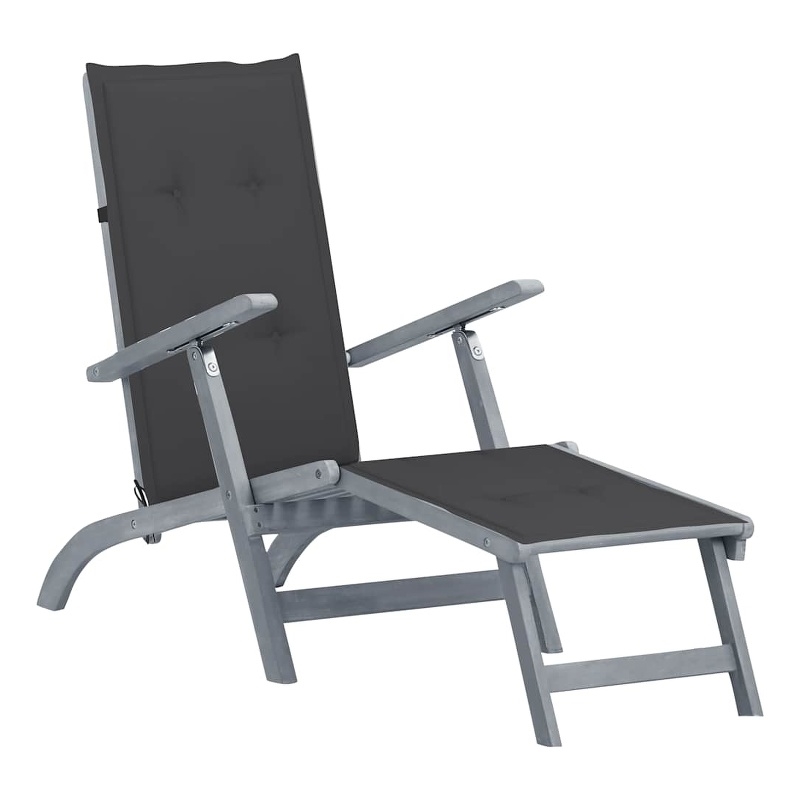 Pemberly Row Solid Acacia Wood Adjustable Deck Chair with Cushion in Gray