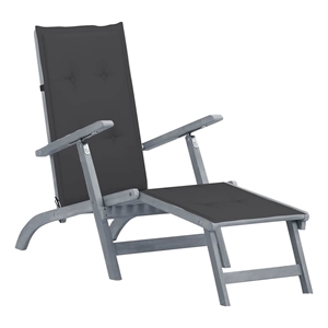 Pemberly Row Solid Acacia Wood Adjustable Deck Chair with Cushion in Gray