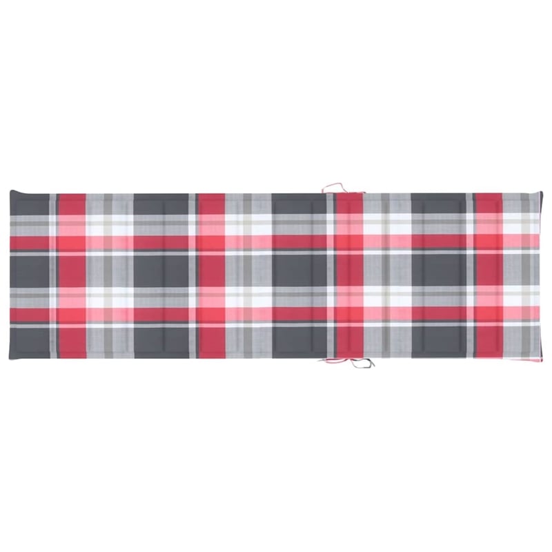 Pemberly Row Acacia Wood Sun Lounger with Plaid Cushion in Gray/Red