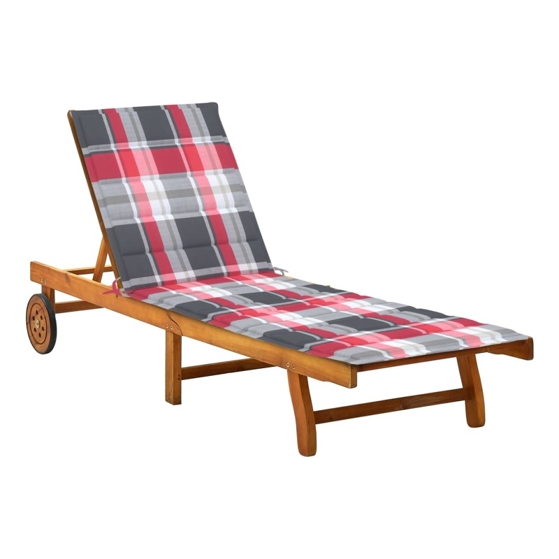 Pemberly Row Acacia Wood Sun Lounger with Plaid Cushion in Gray/Red