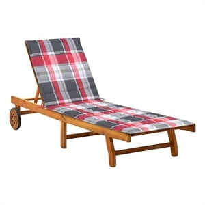 Pemberly Row Acacia Wood Sun Lounger with Plaid Cushion in Gray/Red