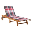 Pemberly Row Acacia Wood Sun Lounger with Plaid Cushion in Gray/Red
