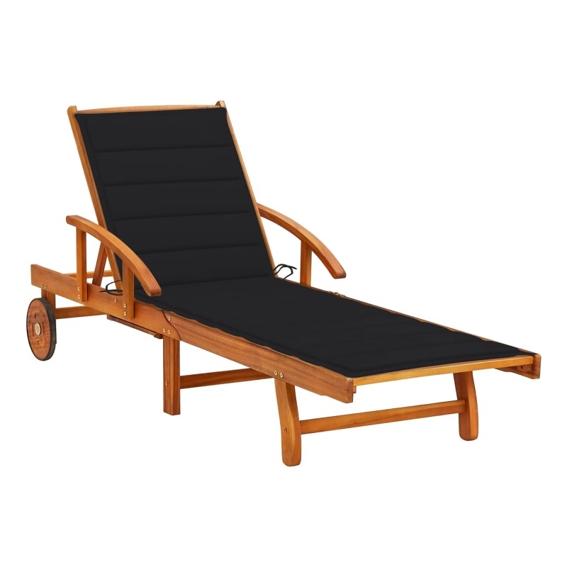 Pemberly Row Solid Acacia Wood Sun Lounger with Wheels and Cushion in Black