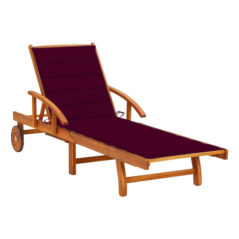 Pemberly Row Acacia Wood Sun Lounger with Wheels in Wine Red Cushion