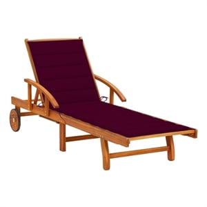 Pemberly Row Acacia Wood Sun Lounger with Wheels in Wine Red Cushion